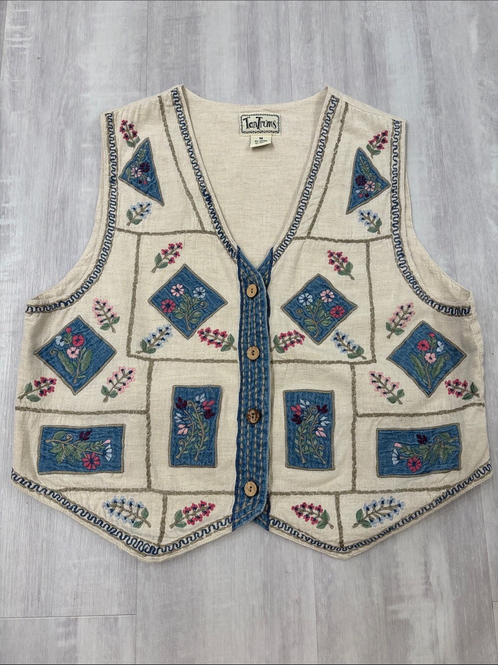 Tantrums Cream Embroidered Button Down Vest with Blue Panels Tie back Medium